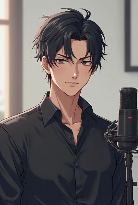 Create a anime boy who have a  mature looking like a man facing in front  he is a  YouTube content creator,there is mic near him ,wearing black shirt , 