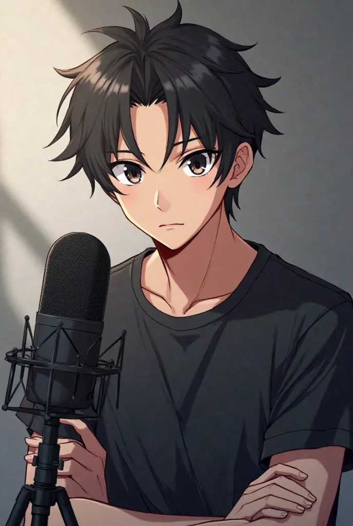 Create a anime boy who have a  mature looking like a man facing in front  he is a  YouTube content creator,there is mic near him ,wearing black shirt , 