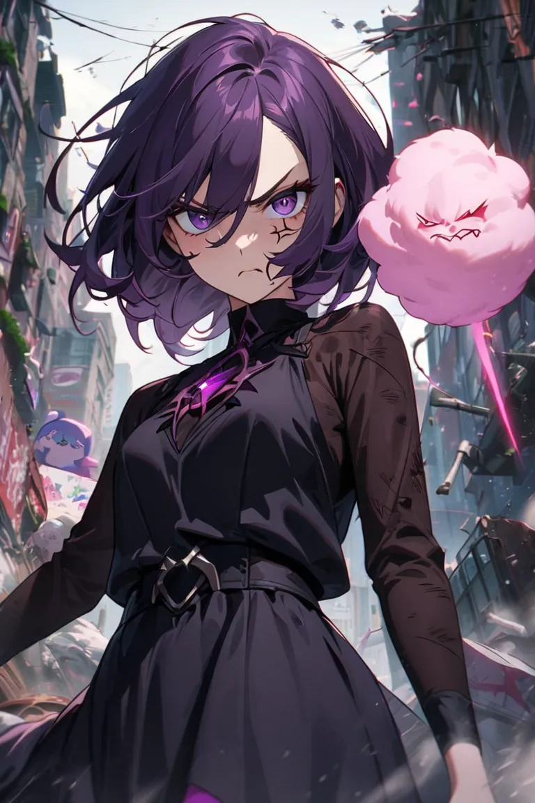 Create evil character named Manis Licik, close up, upper body, a girl, short purple dark hair, purple eyes, dark dress, mad, angry, magic power cotton candy pets monster jumping beside her, highquality, HD, cinematic, looking at viewer, she standing, messy...