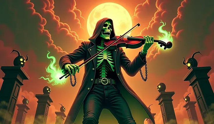 A skeleton wearing a leather jacket and chains plays a violin that burns in green flames in the middle of a stage surrounded by gargoyles and fire. His open jaw seems to scream with every note, while flares of energy explode with every movement of the arc....