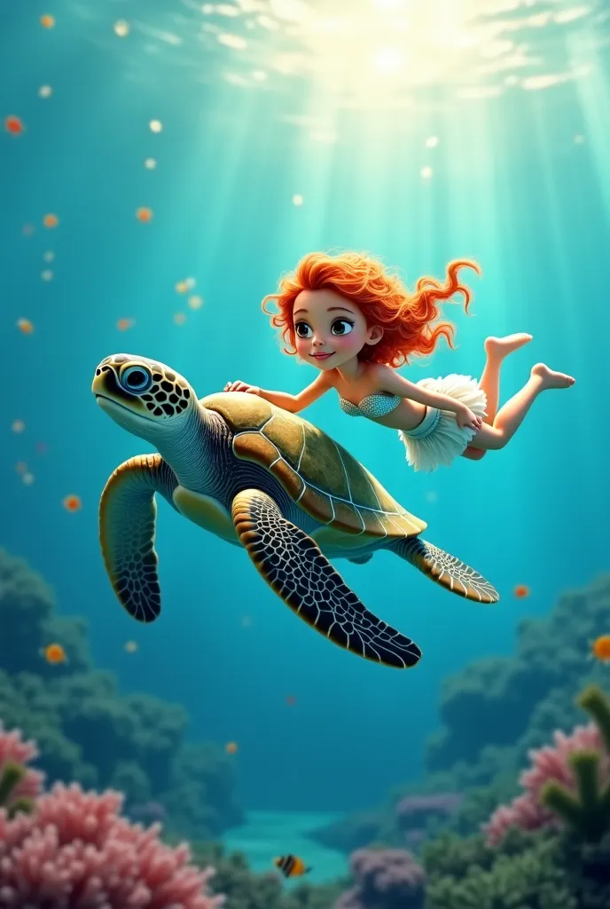 Girl with curly red hair and brown eyes, Swim with a sea turtle