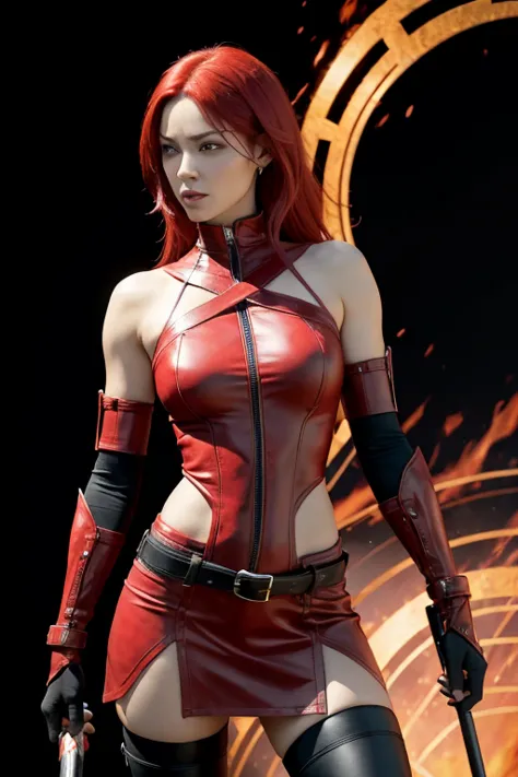 (photorealism:1.2), (videogamestyle), in realistic human style, make a female costume of the character skarlet from the mortal combat video game universe, the woman must be standing in a fighting position with a scythe formed by red plasma and liquid behin...