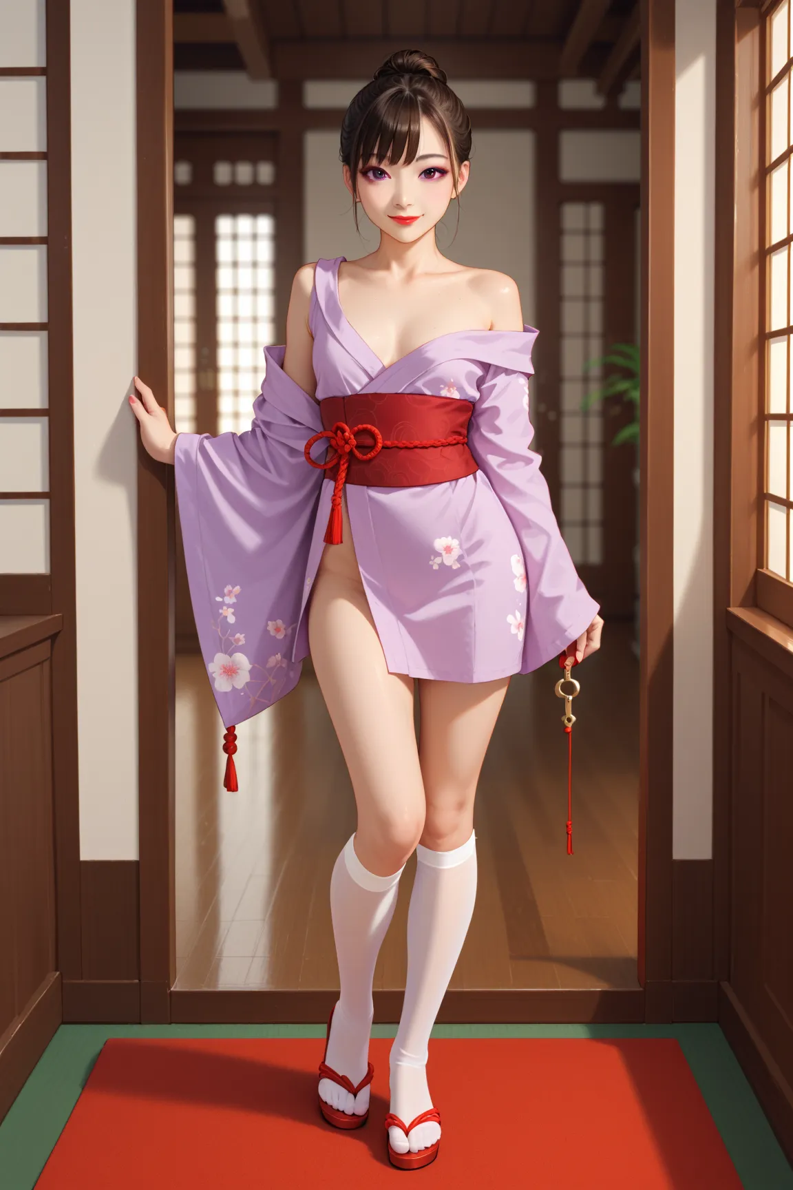  sexy asian woman, (asian face),smile, red eye shadow, pale skin, hair tied back with knitting needles, bare shoulder, skinny, full body shot, small breasts, slim body, red lips, dark brown hair, bangs on the face, big purple eyes,(short kimano:1.3), (purp...