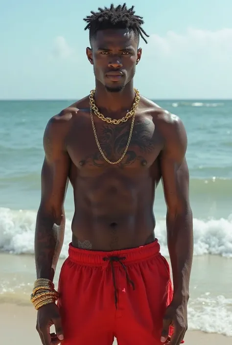 A 19 years age  , black skin tone, goon type personality, wearing red pant and gold bracelet in wrist, and dragon tattoo on his navel, and gold chain in his neck, standing in sea beach, looking extremely original and realistic