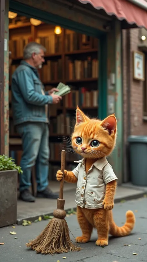 shot from across the street a of a ugly poor book store in a mid day lit street where a sad orange kitten  (wearing a old dirty white shirt with openings in it) the cat is holding a broom cleaning the streets a man is inside the store holding green dollar ...