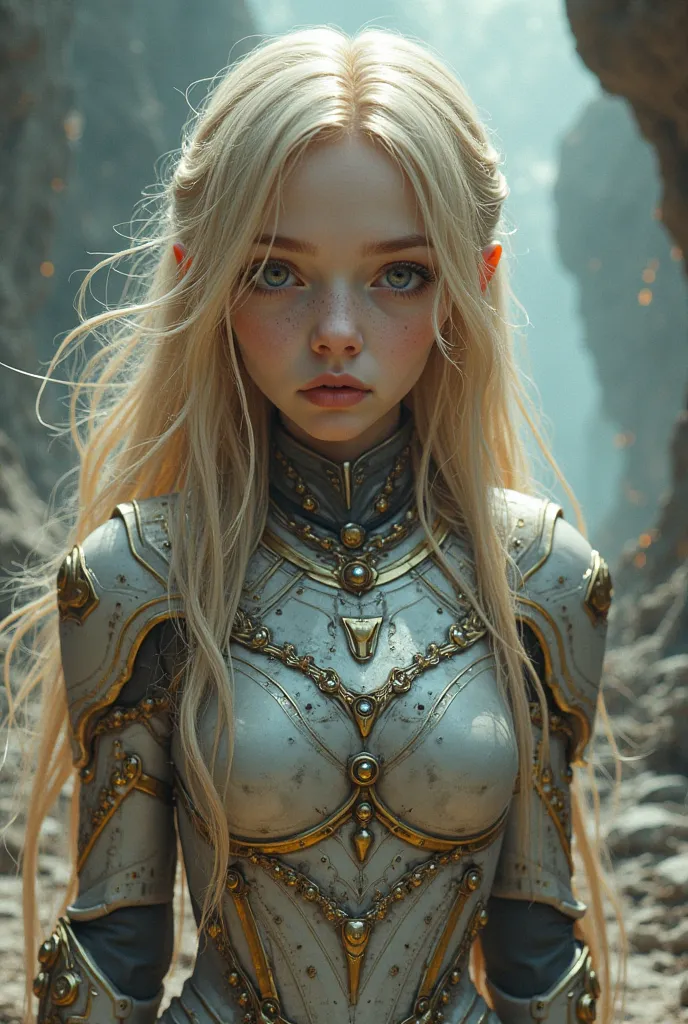 Blonde girl dressed as a time warrior with skin as white as a vampire 