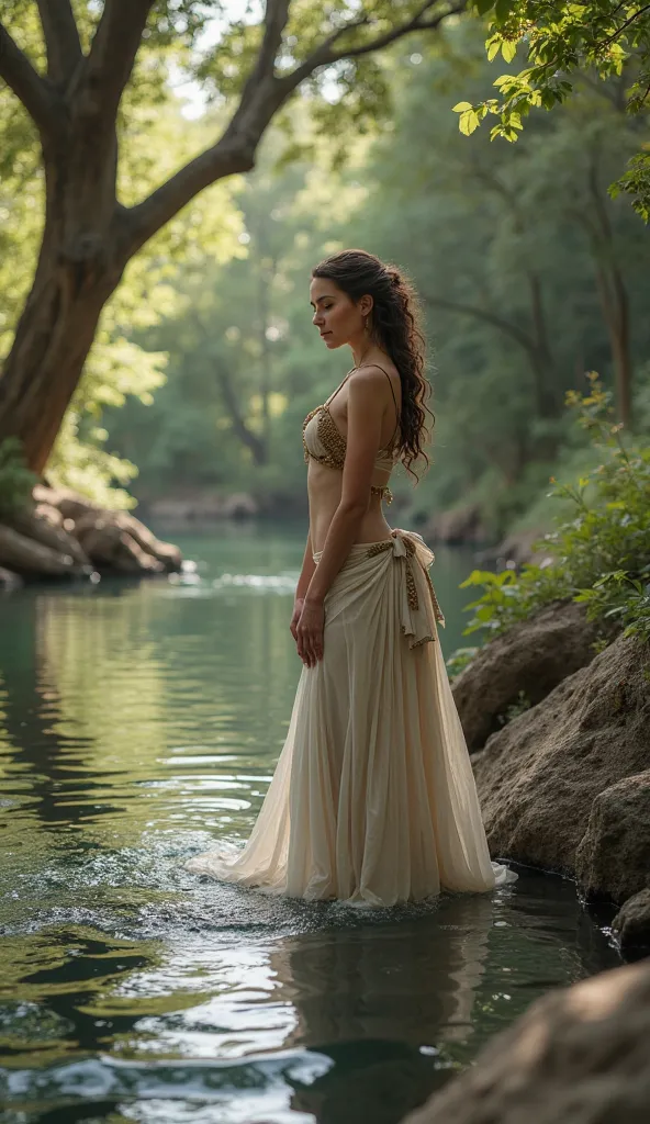  an ancient greek beautiful ,, wearing full dress charming woman bathing beside a river .hyper realistic image , high quality , 8k 