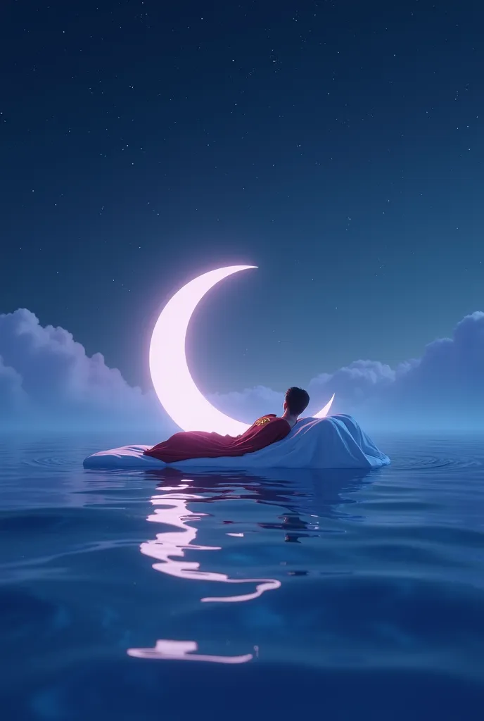 Superman and BA crescent moon resting on calm, wavy water, with soft gradients of blue and purple.

A single star reflected in a serene pool, surrounded by a dreamy, misty glow.

A minimalist bed with flowing, cloud-like sheets, blending into a starry nigh...