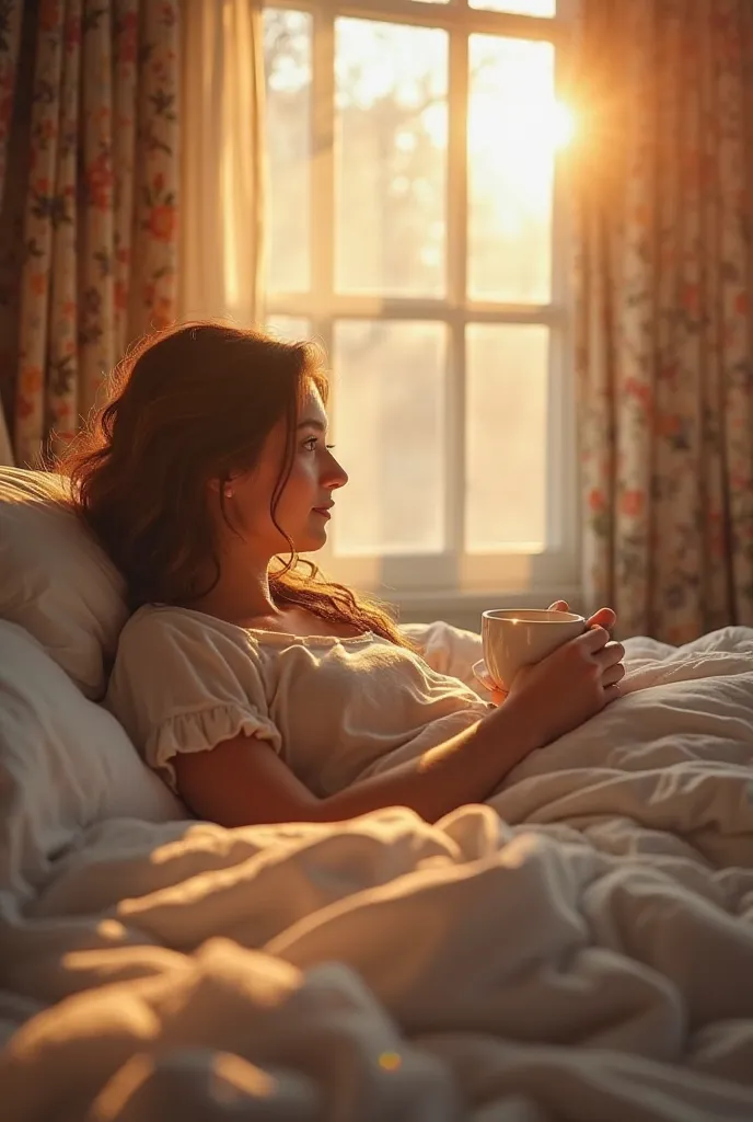 Picture of A person waking up in a comfortable bed,  with sunlight streaming through the window .
 - Narrator : "The day begins with a new chapter. What better way to start than with a perfect coffee?"