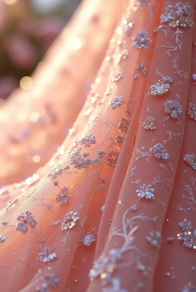 Generate an image of embroidered fabric with intricate floral or lace patterns. The embroidery should be detailed, delicate, and magical, evoking the elegance of a royal gown in a fairy tale."