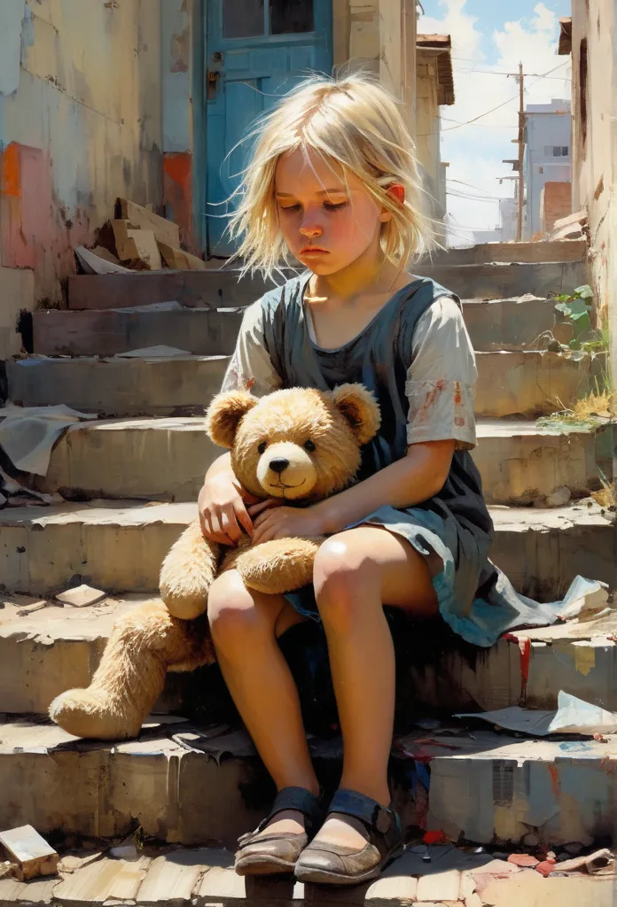 Adorable sad little orphan girl with straight blonde hair, holding teddy bear, sitting on steps staring at city, waiting, urban city, rural town, afternoon, incredibly detailed matte painting with rough brush strokes and textures, by Conrad Roset, Pino Dae...