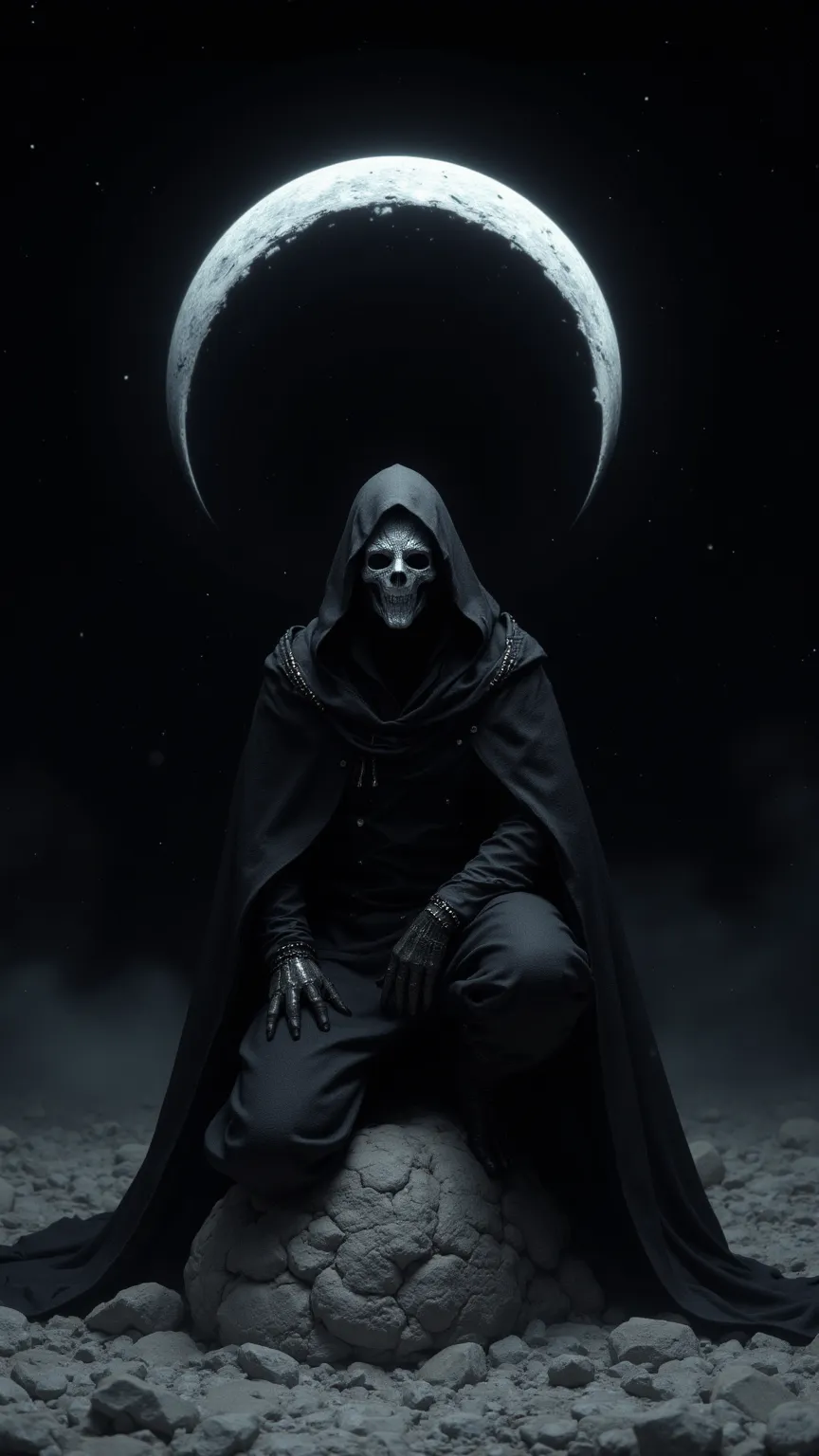 HYPER REALISTIC PHOTO, high quality, Mirror Finish, 8k, wallpaper, ray tracing, A black hooded figure as dark as night with a robe made of the darkness of space, crouching on a barren grey moon in the darkness of space, black empty starry space background,...