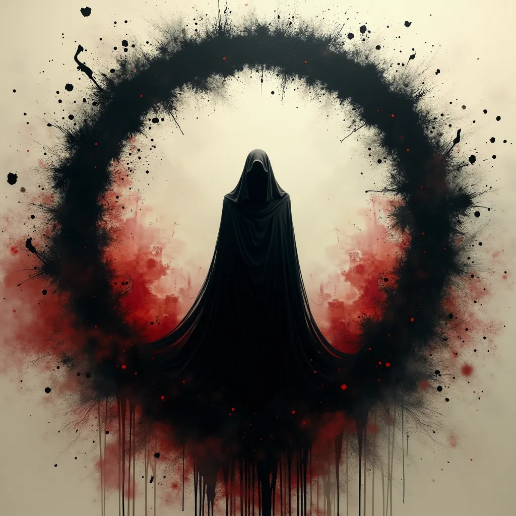 horror film style the image portrays a dark and enigmatic figure, clad in a long cloak that obscures their identity. the figure is situated within a circular motif composed of splattered black ink, reminiscent of an ethereal halo or aura surrounding them. ...