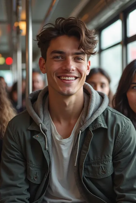 You meet a handsome young man on public transport, his casual attitude suggests he's on his way to college. Flirty smile