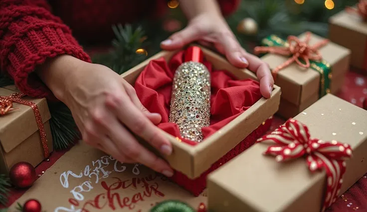 A festive holiday-themed unboxing experience, with a customer opening a personalized custom gift box containing a premium product, surrounded by decorative wrapping elements such as ‘merry christmas' and branded packaging inserts