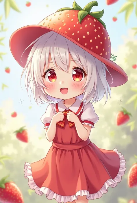 White anime girl with short white hair, strawberry shaped hat, strawberry clothes and a short red skirt. 