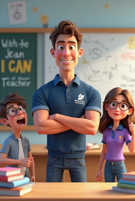 animated image with a 3D style.
teaching (man in the center): He is a tall man, with brown hair and brushed backwards. He wears an institutional t-shirt of Adventist Education, composed of a navy blue polo shirt with short sleeves.  He has a friendly and t...