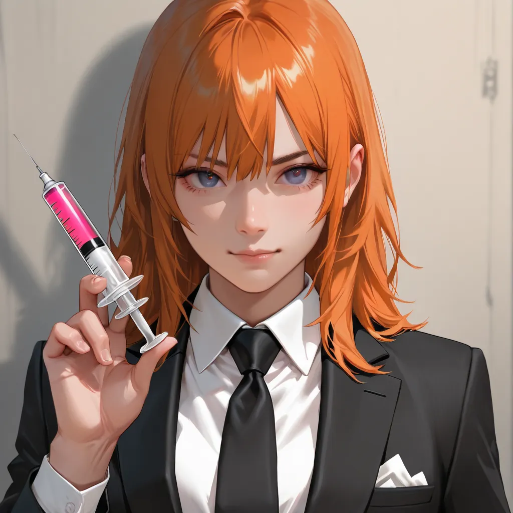 Wore a black suit,  holding a syringe, Had orange hair, Very handsome, Handsome and young Japanese yakuza, 16k maximum quality, top quality, top quality, best quality and detail,extreme perfection, Hyper-realistic perfect, as high resolution as possible