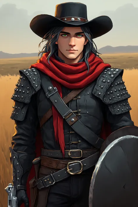 One adult Male, Black and Grey mid long hair, green Eyes, studded Leather armor with belts, black pants, red scarf, long red Muffler, black Western Hat, , Holding a Modern silver Revolver, holding a tactical shield, Full Body view, prairie background,
 