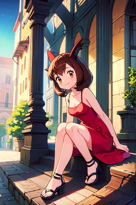 masterpiece, best quality, ultra-detailed, illustration, beautiful detailed eyes, very detailed illustration, cinematic lighting, 1 girl, solo, Pokemon Heroes (Bianca), Brown Hair, brown eyes, 1 girl, solo, sleeveless, collarbone, red Camisole dress, red d...