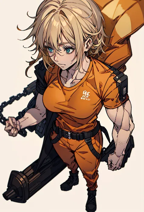 Tall and strong muscular woman, full body, short blond hair, orange t-shirt and orange pants.  white background