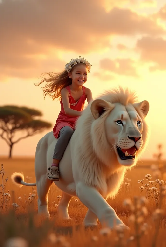 "A young and beautiful girl , around 6-, riding joyfully on the back of a majestic white lion across a dreamy, surreal photorealistic savanna filled with golden grass and white daisies, under the soft, golden light of a sunset with dramatic pink and orange...