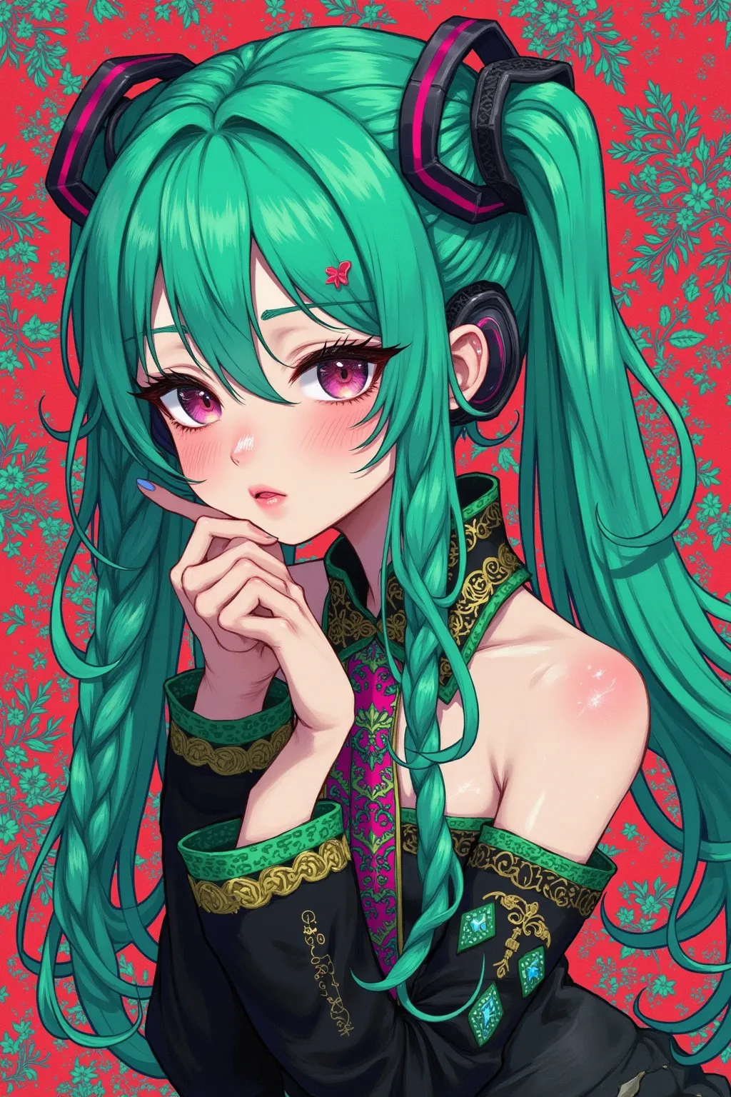 (has the best quality, sketch:1.2),practical,Illustrator ,cunning， Japanese cartoon ,1 girl,  Hatsune Miku ，detailed lips, hand，Off Shoulder， Neon long hair , high ponytail green ， masterpiece,  This style is retro, DJ