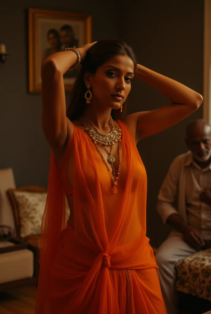 Intimacy mood; Full body photo portrait of beautiful Indian lady in her 30s, wearing transparent Orange saree and orange sleeveless blouse, modern jewelry, raised her hands above her head, seducing pose, in bedroom, (realistic eyes, symmetric face:0.8) (ma...