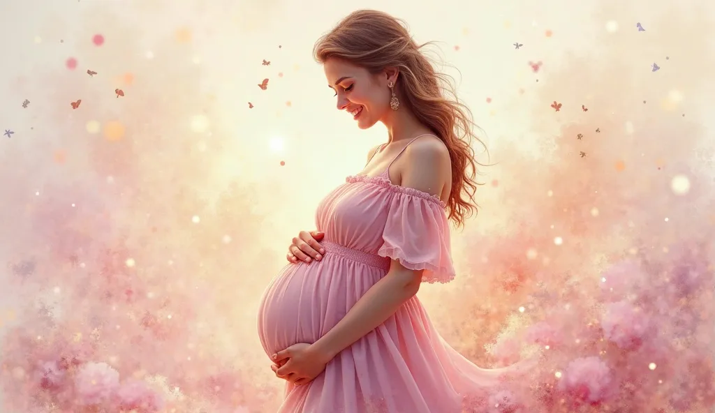 Draw a happy pregnant woman in a dress in the style of watercolor strokes in gentle tones, from the middle of the photo, switch to a monotone color closer to the edges