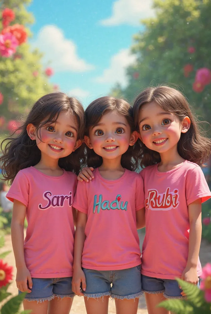 Four girls wearing pink shirt named Sari Fari Hadu and Rubi 