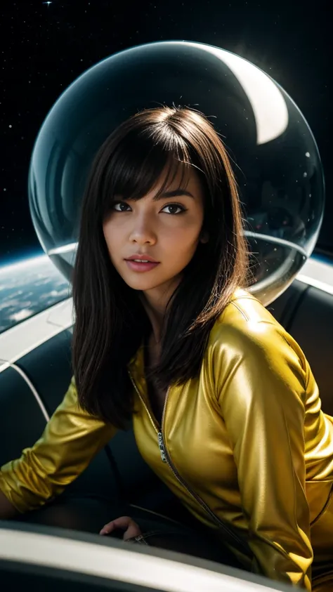 Candid portrait of a young woman in a futuristic setting, reminiscent of a space station or spacecraft interior: Subject: [A young woman with short, dark purple hair and a yellow headband]. [She is wearing a yellow and red outfit, possibly a spacesuit or f...