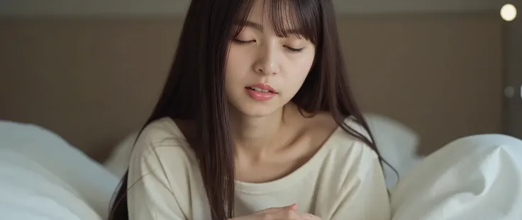 (((((One girl in her twenties:2、Baby Face))))),(masterpiece,Best Quality:1.9),8k, detailed,detailed毛穴,reality, hotel room、Close your eyes and laugh、 close your mouth and laugh、smile with closed eyes、((( T-shirt with loose collar:2.2)))、long hair、 flushed ...