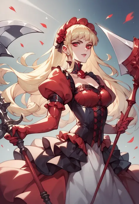 masterpiece, high resolution, best quality ,8k(((shiny skin))))(
1 girl, (gorgeous) (lolita) (petite) short, long blonde hair, crimson eyes, beautiful, (vampire) white and red warrior dress, light armor, giant white axe