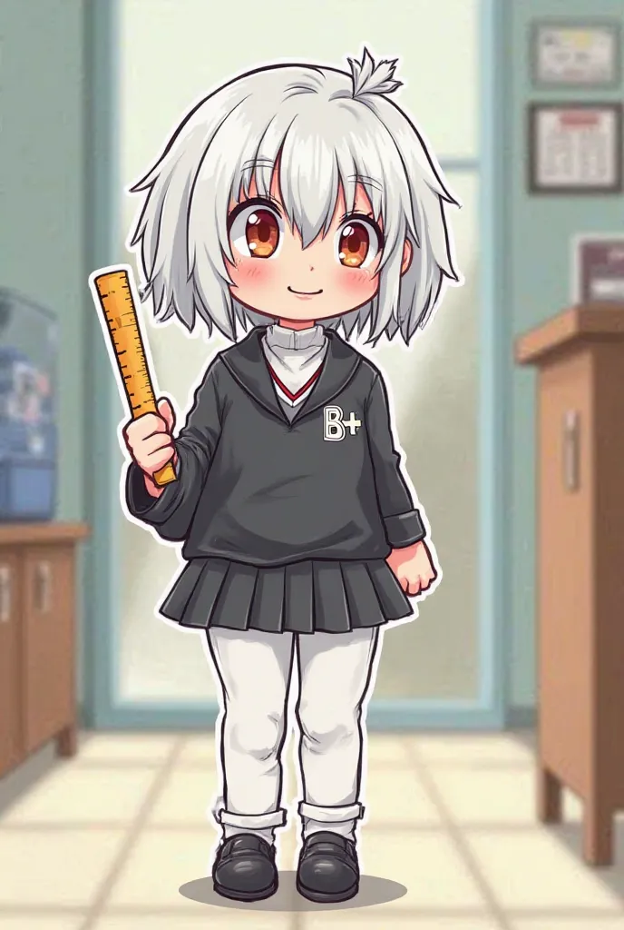 A cartoon girl have white hair had B+ on her hair and wearing black uniform school have ruler left her hand and wearing white pants and black shoe