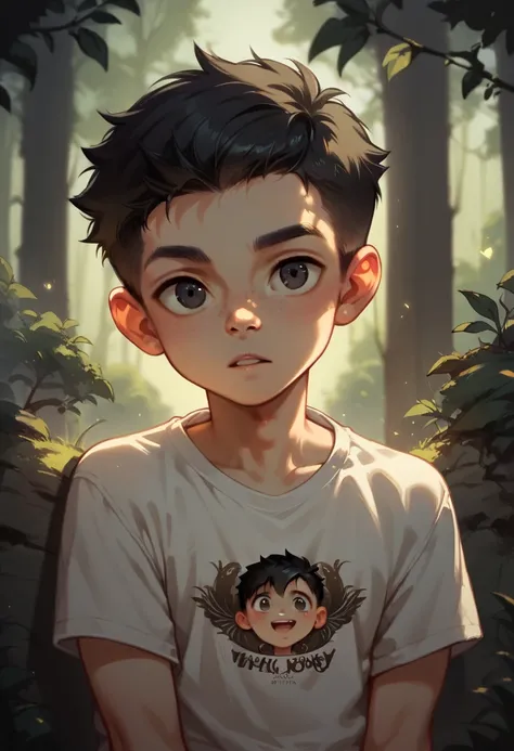 Shota Jimmy Watson boy black hair black eyes white T-shirt half pant upper body short alone on dark forest night time 