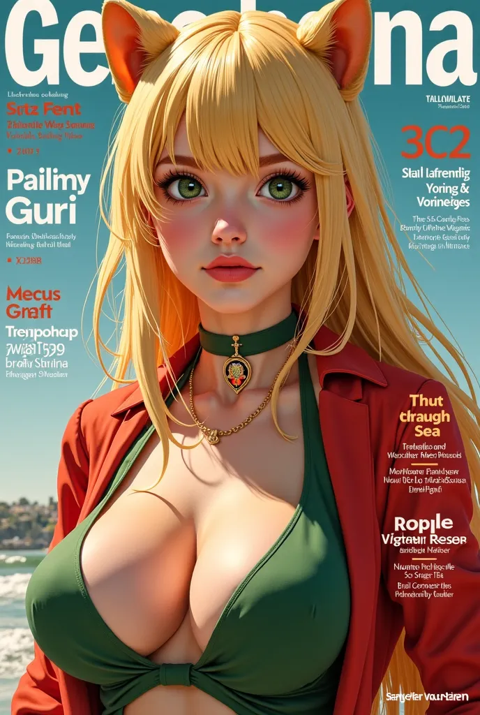 Xilonen de Genshinimpact real hyperrealistic woman Hyperrealism as the protagonist of the cover and with background texts as if it were a real magazine.  outfit.  hyperrealism. live action magazine. big breasts. lion ears. blonde. green eyes