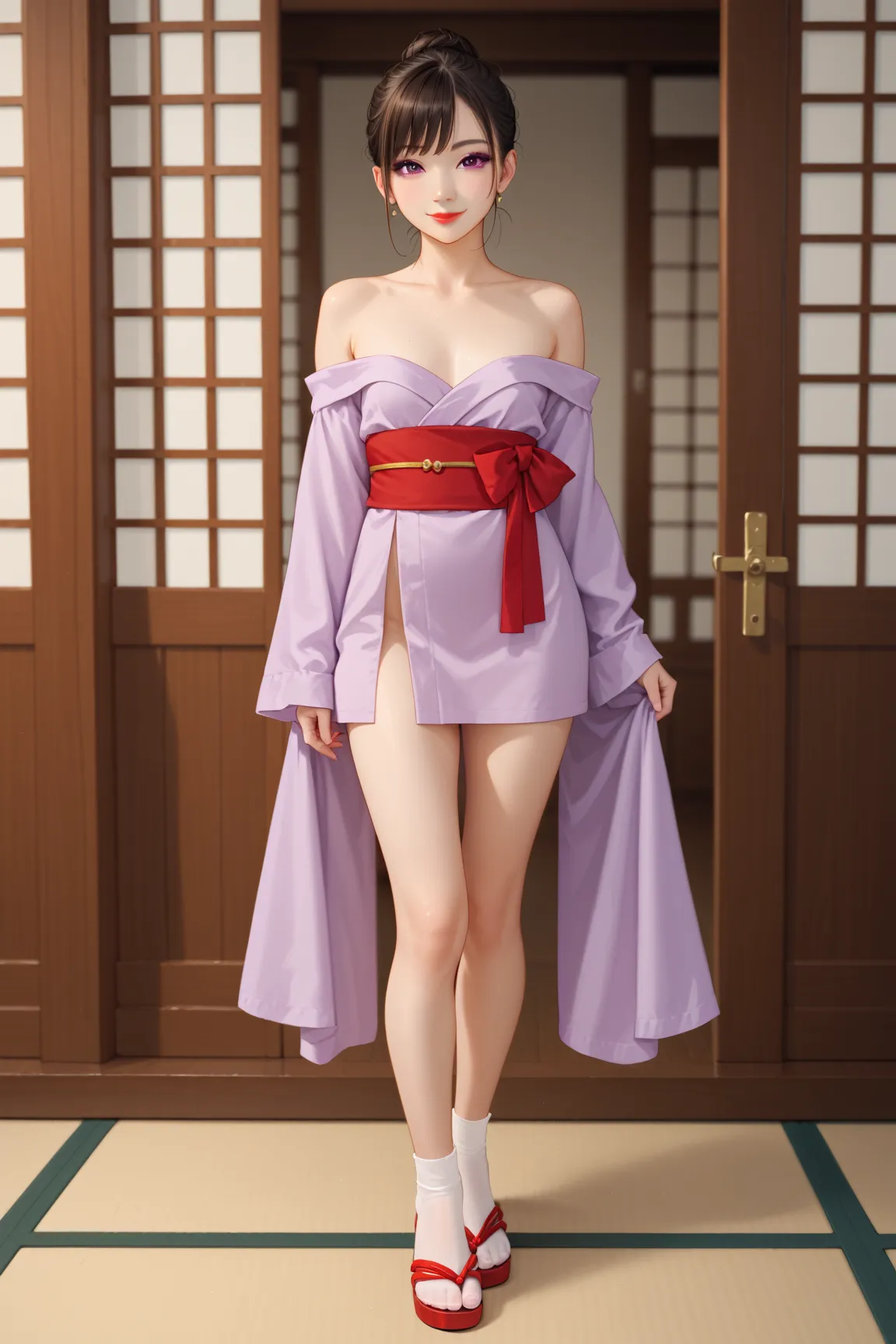  sexy asian woman, (asian face),smile, red eye shadow, pale skin, hair tied back with knitting needles, bare shoulder, skinny, full body shot, small breasts, slim body, red lips, dark brown hair, bangs on the face, big purple eyes,(short kimano:1.3), (purp...