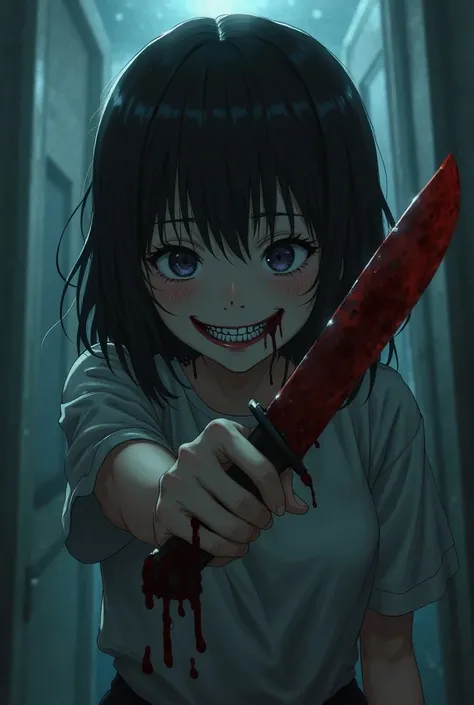 girl holding a bloody knife smiling psychopathically in anime style