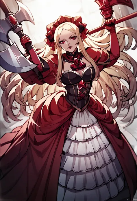 masterpiece, high resolution, best quality ,8k(((shiny skin))))(
1 girl, (gorgeous) (lolita) (petite) short, long blonde hair, crimson eyes, beautiful, (vampire) white and red warrior dress, light armor, giant white axe