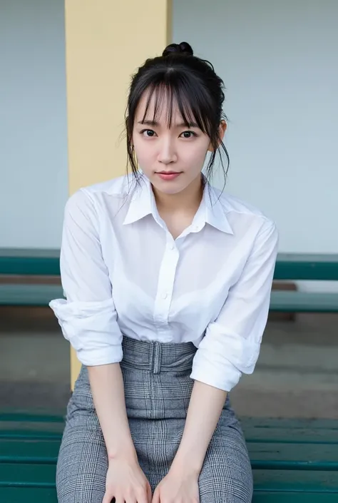  realistic high quality photo of Thai woman , beautiful girl (((big breasts , big breasts , nsfw))) , best quality,  20 year old Thai girl,  Wearing a white shirt(((big breasts , big breasts , nsfw)), She's wearing a plaid skirt、The hem of the skirt is rai...