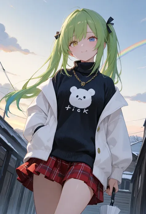 (masterpiece , Top Quality ,  exquisite,8k, absurd),(748cmstyle),woman walking with a closed umbrella,(low angle), blowing in the wind , green hair,long hair,twin tails,black ribbon, rainbow heterochromia((yellow eyes、blue eyes)), Smile,sheds tears,move, w...