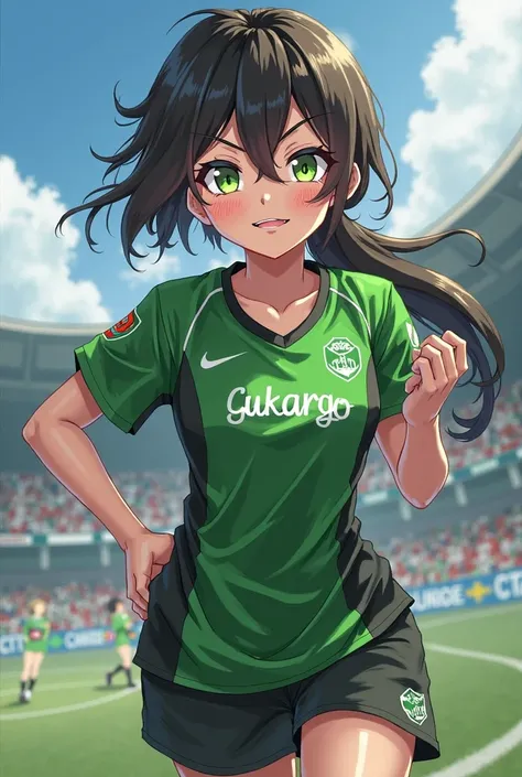 Add anime girl with green black uniform and sakarya sport emblem on sakarya sporlu top down lines and sakarya sport emblem