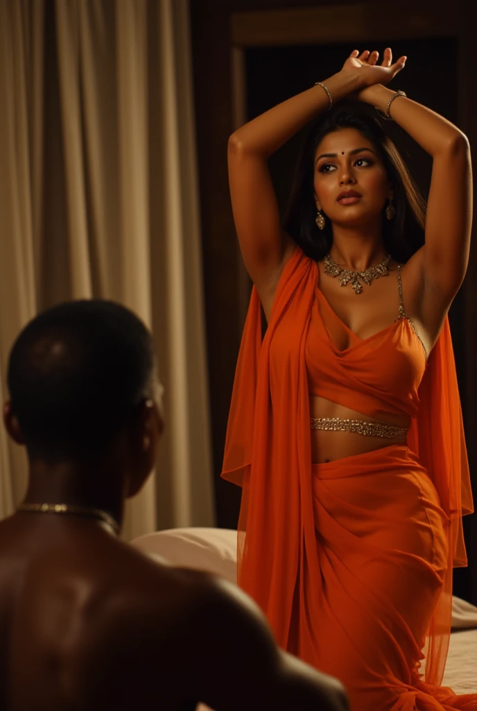 Intimacy mood; Full body photo portrait of beautiful Indian lady in her 30s, wearing transparent Orange saree and orange sleeveless blouse, modern jewelry, raised her hands above her head, seducing pose, in bedroom, (realistic eyes, symmetric face:0.8) (ma...