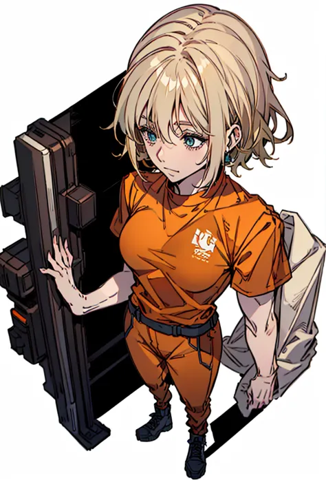 Tall and strong muscular woman, full body, short blond hair, orange t-shirt and orange pants.  white background