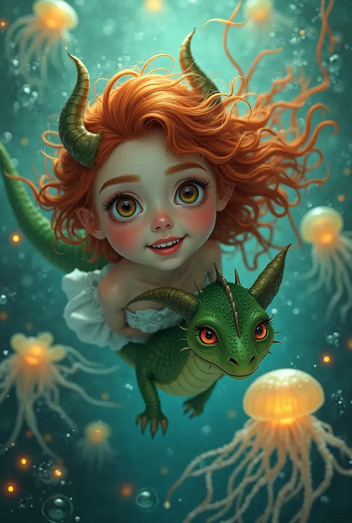 girl with curly red hair and brown eyes and Fang,His friend green dragon, Swim with luminescent jellyfish