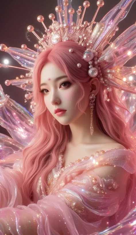 portrait, close-up shot, young woman, long pink-gold hair, soft gentle smile, wearing a glowing pink goddess-like dress, adorned with a pink tiara, ethereal and divine presence, sparkling pink temple in the background, majestic and sacred atmosphere, front...