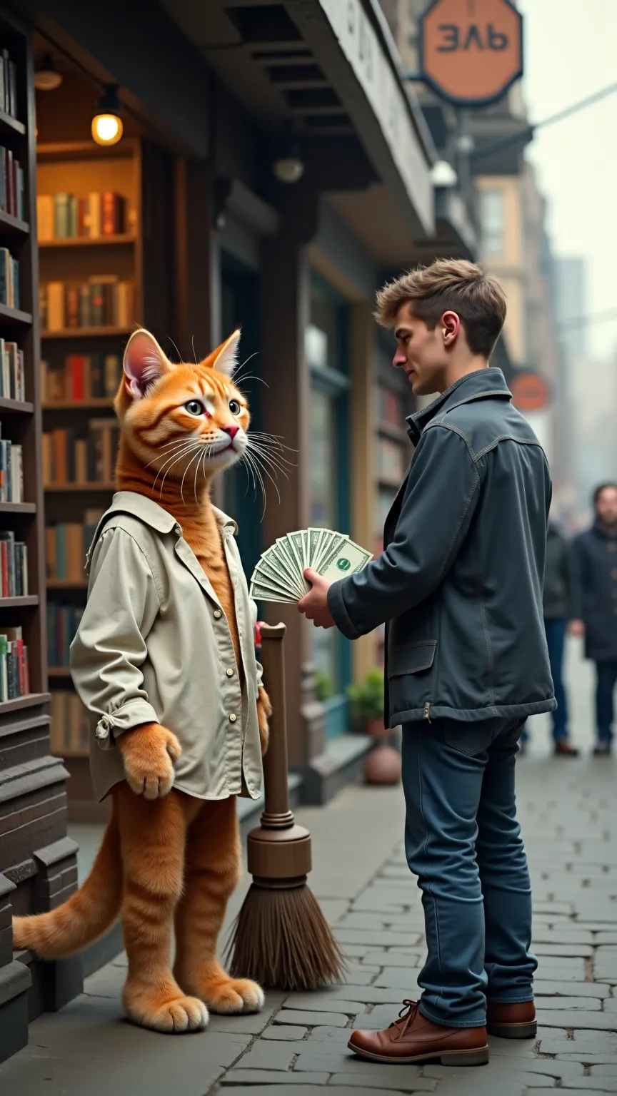 shot from across the street a of a ugly poor book store in a mid day lit street where a sad orange kitten  (wearing a old dirty white shirt with openings in it) the cat is holding a broom and a man is giving him green money