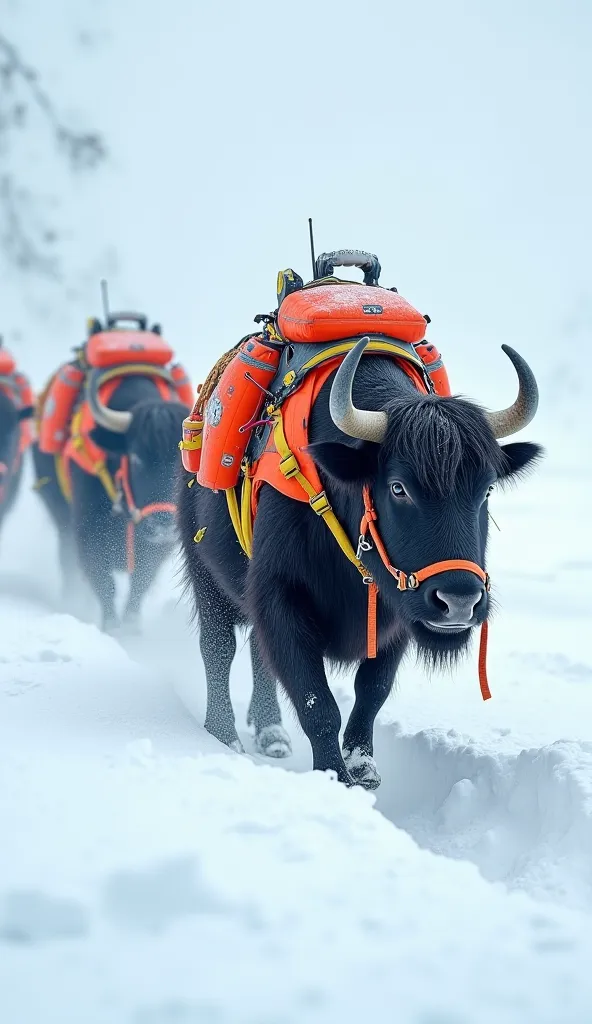 A team of strong yaks, wearing rescue gear, approaching through the snow, determined to save the cub."