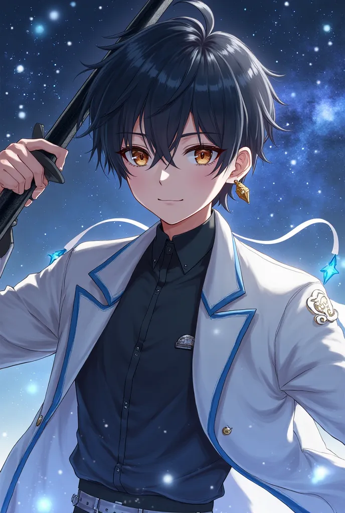  youth,handsome, black hair,brown eyes,Sugar face ,Baby Face,swordsman,has a jet black sword,black shirt,western style white coat(The blue line), blue earrings, Godley, Japanese illustration style, anime, Godley, 最強のswordsman,Starry sky background