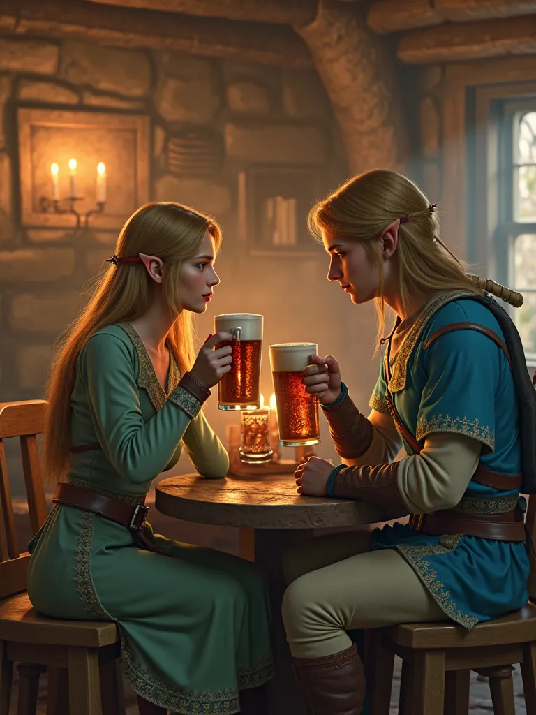 Imagine a very realistic and very detailed photo in 4k, HD, Of Zelda and Link having a beer 